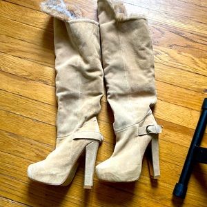 Colin Stuart tan suede high heel knee boots
